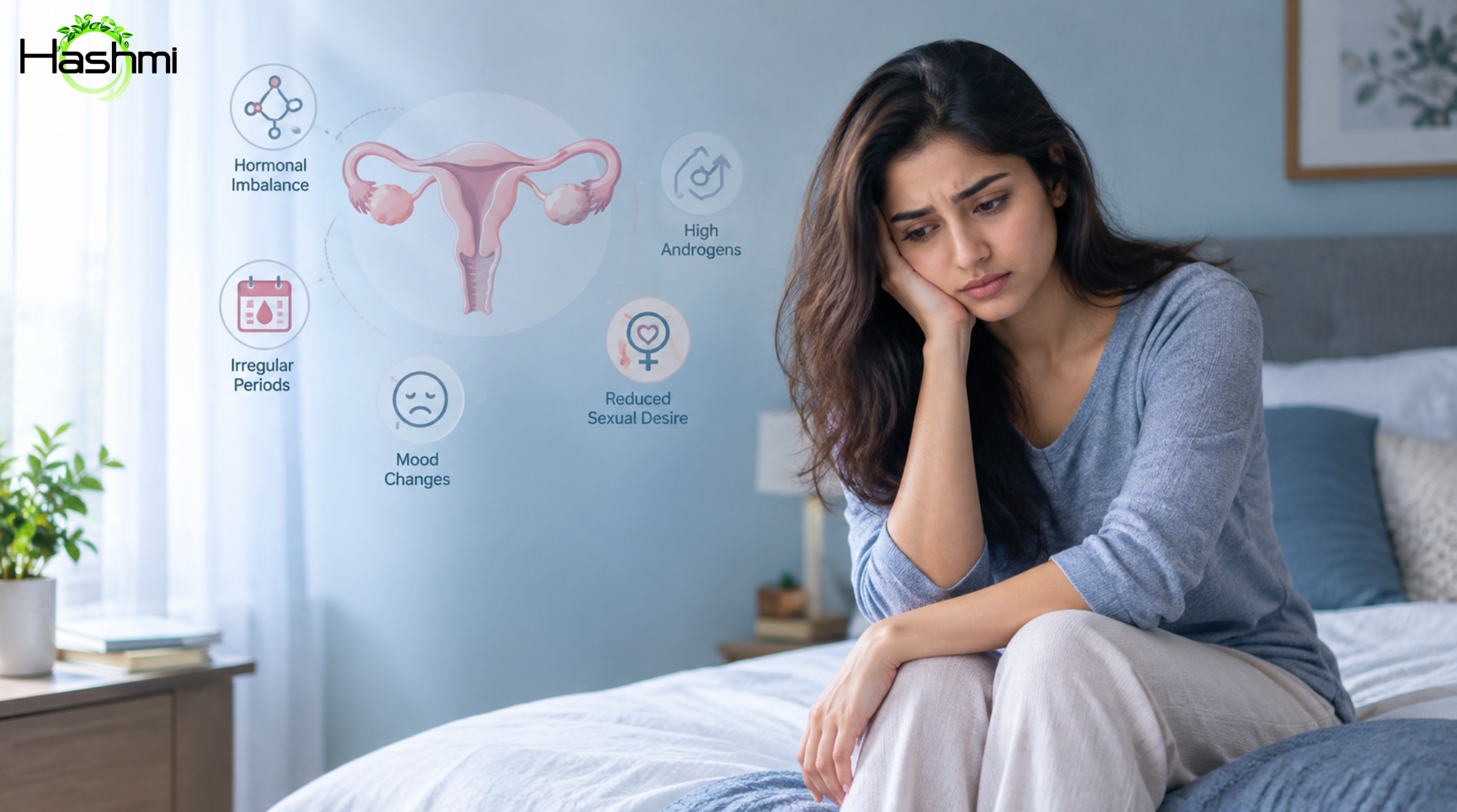 Concerned woman sitting alone and looking worried while subtle hormonal and reproductive health symbols represent the impact of PCOS on sexual health.