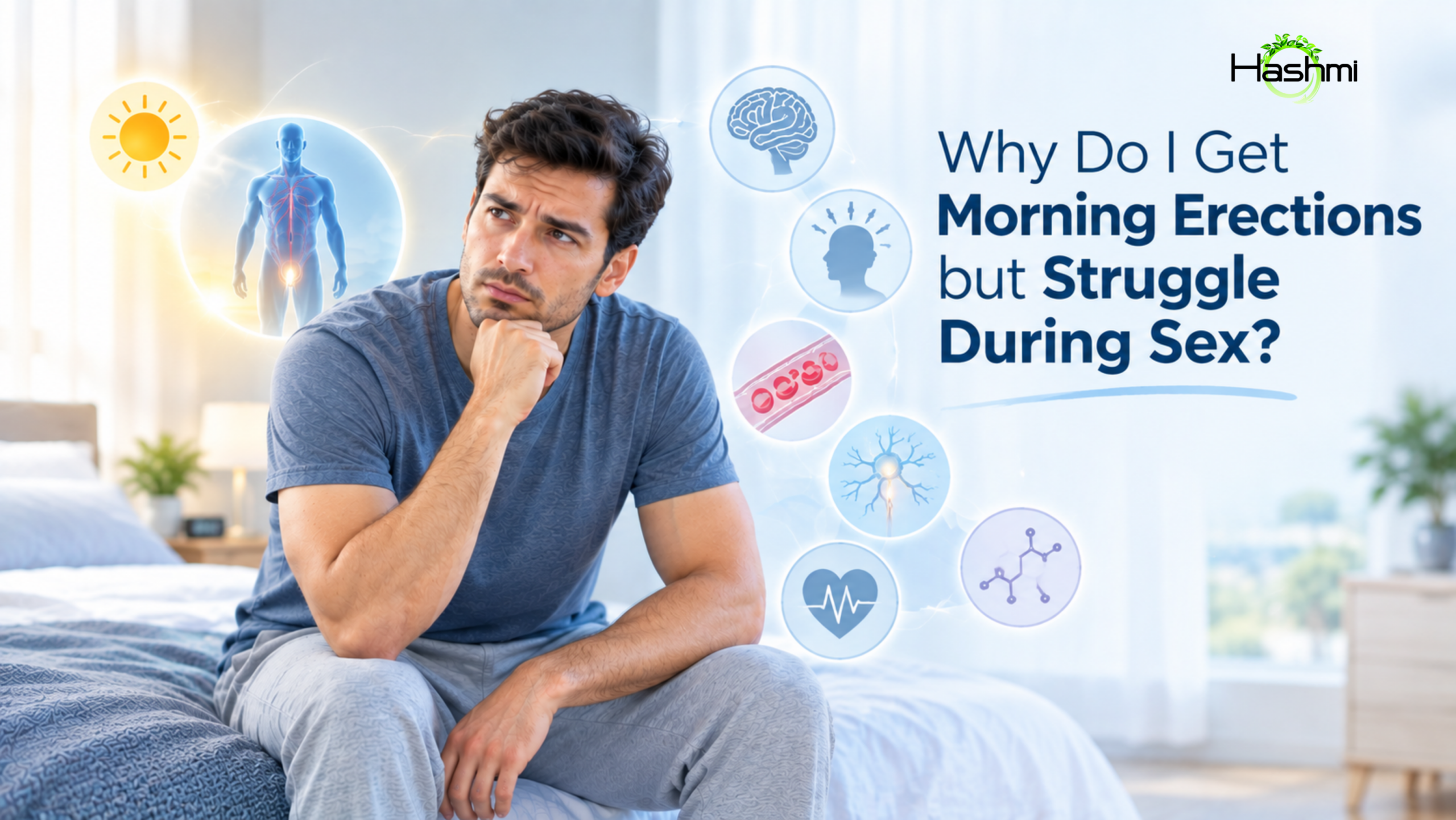 Concerned man sitting on his bed with subtle medical graphics representing circulation, nerves, stress, hormones, and erectile function.