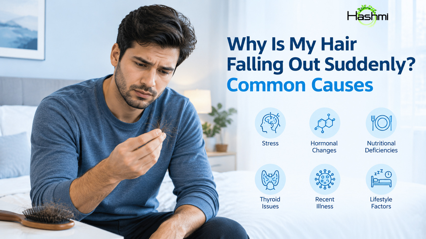 **Alt text:** Adult man examining loose hair strands in his hand while concerned about sudden hair loss, with subtle medical visuals representing common causes of hair shedding.