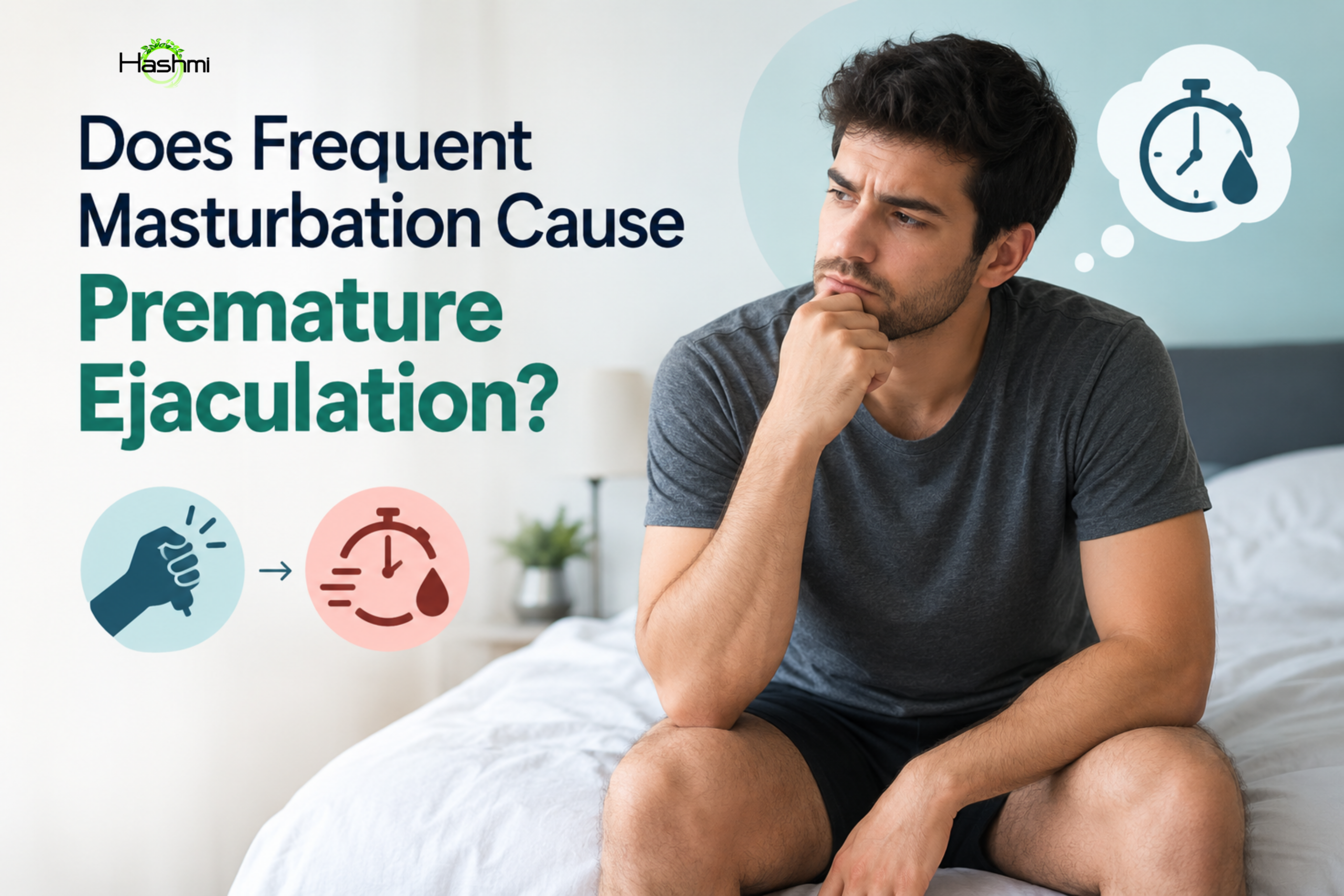 Featured image illustrating whether frequent masturbation causes premature ejaculation, with a concerned young man sitting thoughtfully beside stopwatch icons.