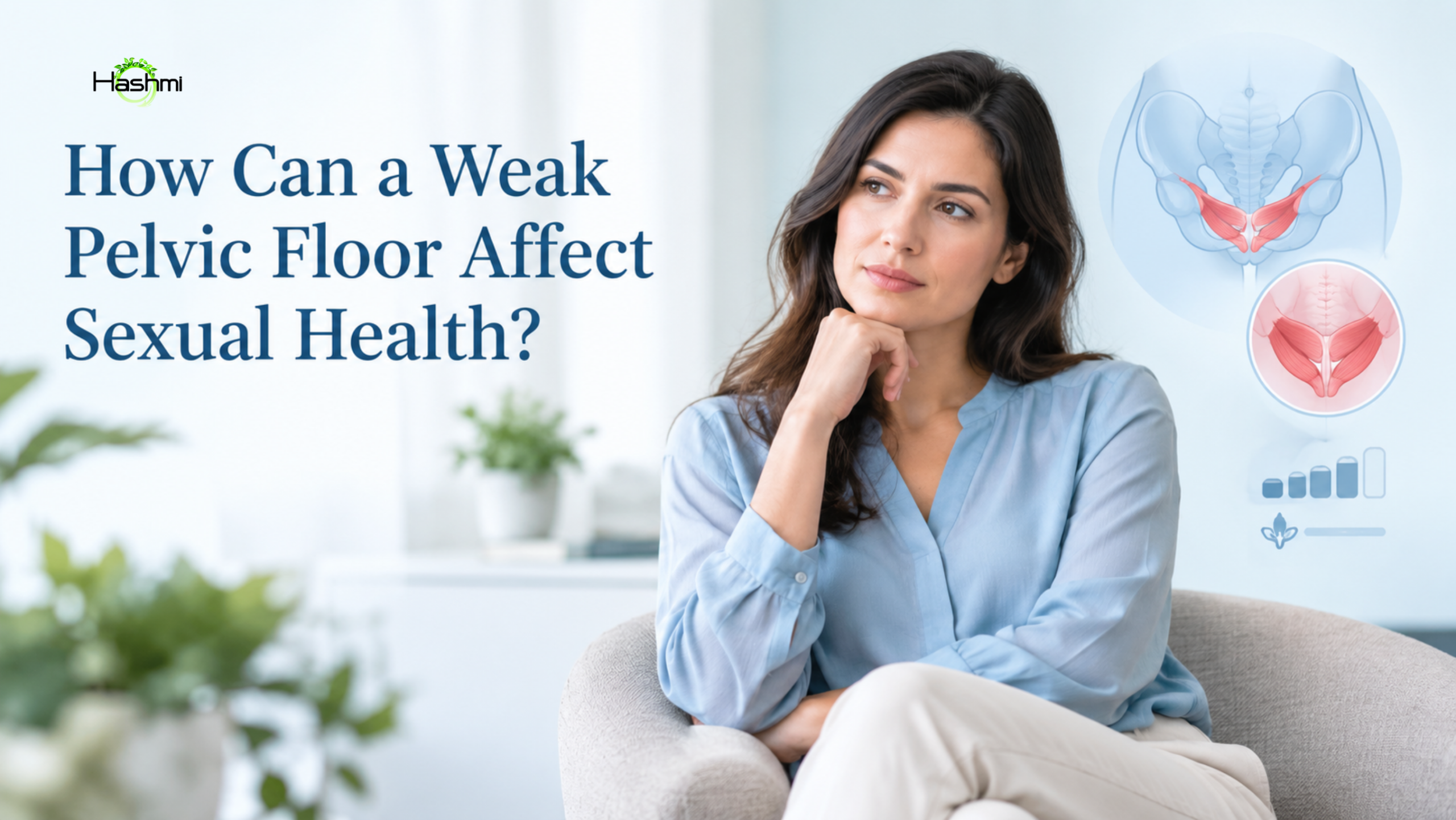 Adult woman in a healthcare setting with pelvic floor muscle illustrations, representing the effects of a weak pelvic floor on sexual health.