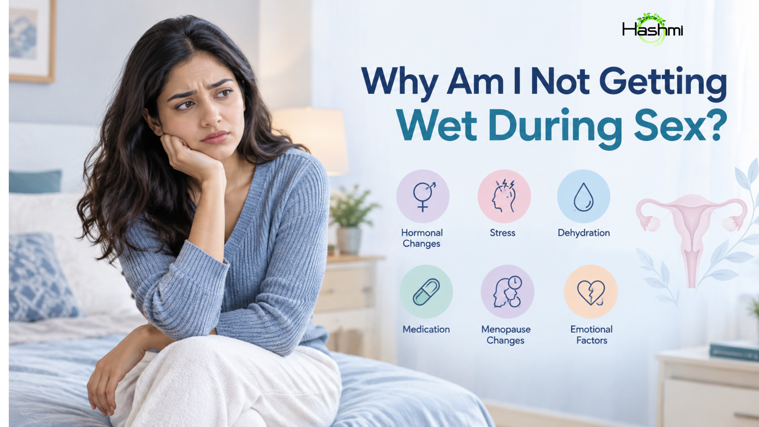Adult woman looking concerned about vaginal dryness, with subtle medical illustrations representing hormonal changes, stress, dehydration, and other possible causes of reduced vaginal lubrication.