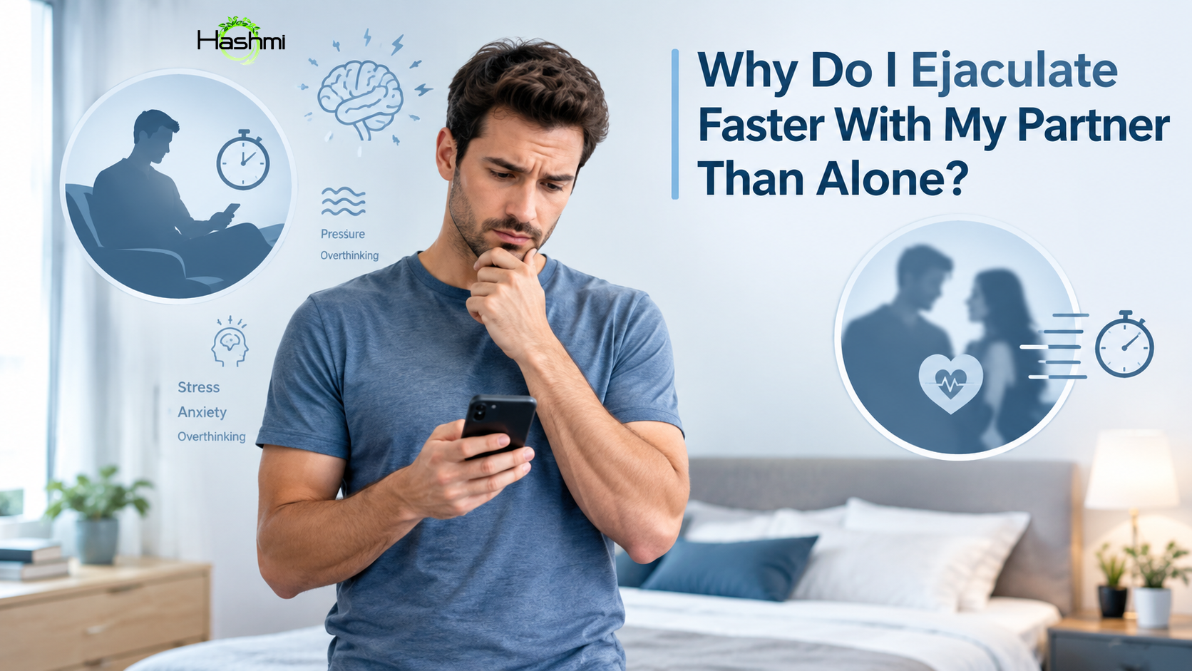 Man looking concerned while researching why he ejaculates faster with a partner, with visual symbols representing performance anxiety, stress, timing, and sexual health.
